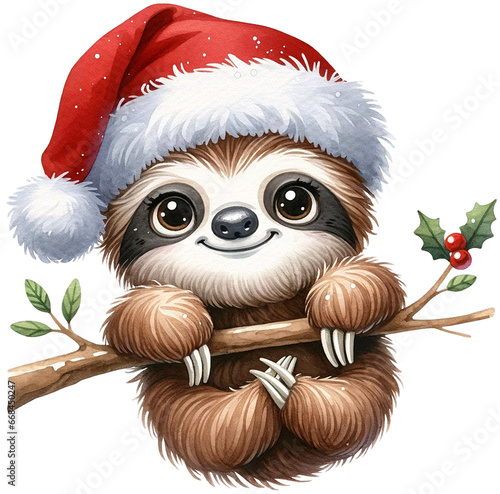 Cute Christmas Sloth wearing a Santa Hat - soft watercolor