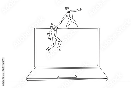Single one line drawing businessman helping colleague to climb a big laptop computer. Help create applications to develop business online. Great teamwork. Continuous line design graphic illustration