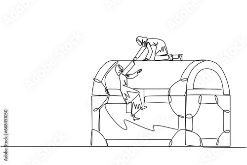 Continuous one line drawing Arabian businesswoman helps colleague climb treasure chest. Get extraordinary profits. Share equally. Stronger together. Reward. Single line draw design vector illustration