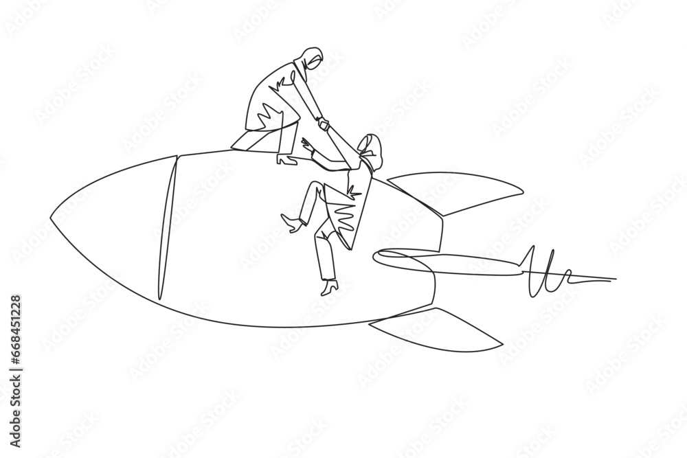 Continuous one line drawing Arab businesswoman helps colleague climb flying rocket. Metaphor help in managing company branches. Skyrocketed like the previous business. Single line draw design vector