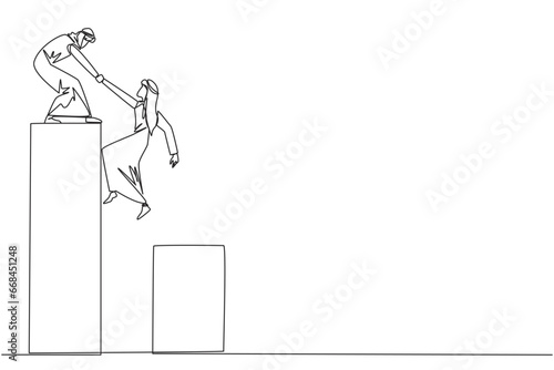 Continuous one line drawing Arab businessman helps colleague climb bar graph. Helps to climb to higher ground. Move forward and success together. Teamwork. Single line draw design vector illustration