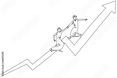 Single continuous line drawing Arabian businessman helps colleague to climb the rising arrow symbol. Help each other to achieve satisfactory targets. Grow together. One line design vector illustration