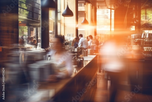 Blur coffee shop or cafe restaurant, Blurred restaurant background with some people © Nijieimu