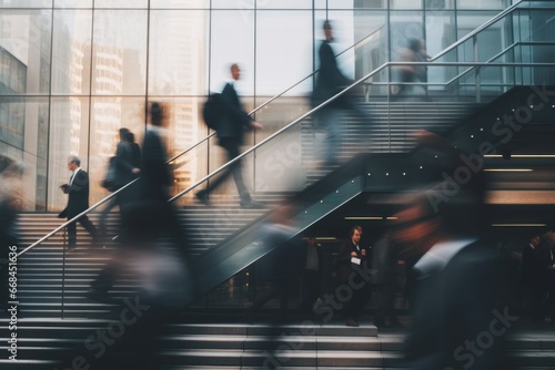Blurred business people walking up and down stair outside office in fast movement photo