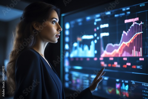 businesswoman presentation financial analytic on holographic screen