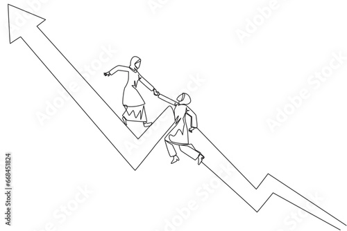 Single continuous line drawing Arabian businesswoman helps colleague to climb rising arrow symbol. Help each other to achieve satisfactory targets. Grow together. One line design vector illustration