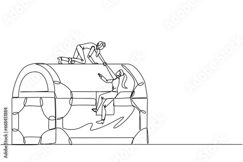 Single one line drawing businesswoman helps colleague climb a large treasure chest. Getting extraordinary profits. Share equally. Stronger together. Reward. Continuous line design graphic illustration
