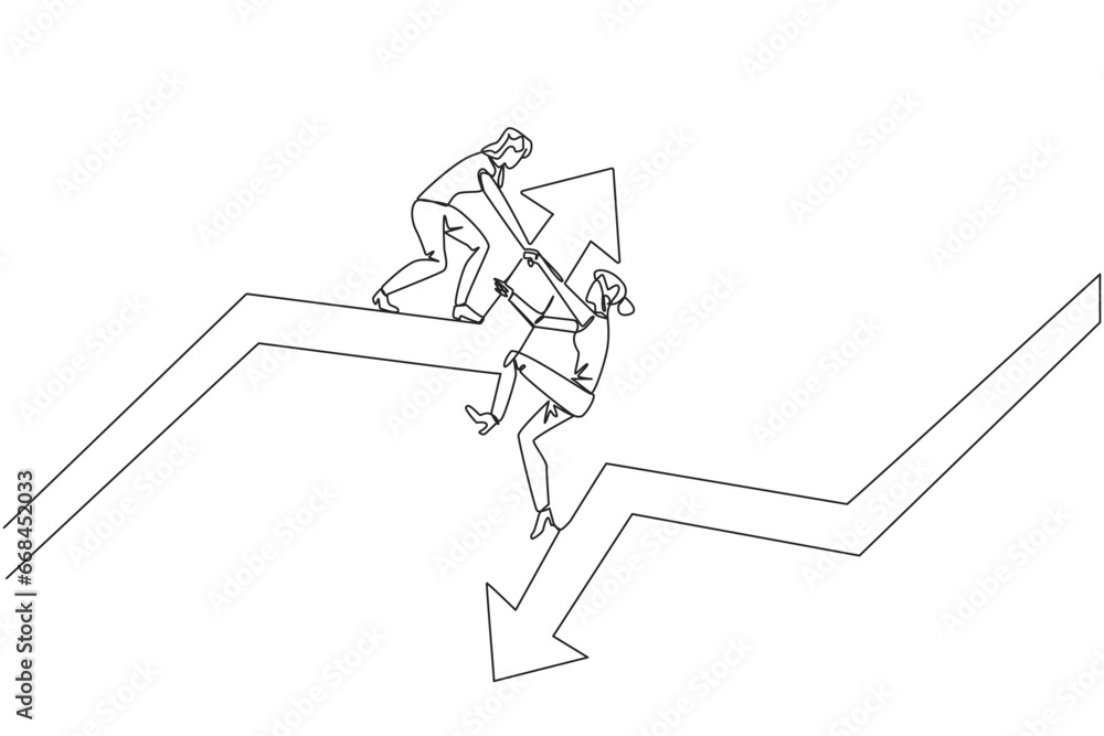Single continuous line drawing businesswoman helps colleague climb arrow symbol. Teamwork to raise better level together. Best partner ever. Maintain cohesiveness. One line design vector illustration Single continuous line drawing businesswoman helps colleague climb arrow symbol. Teamwork to raise better level together. Best partner ever. Maintain cohesiveness. One line design vector illustration
