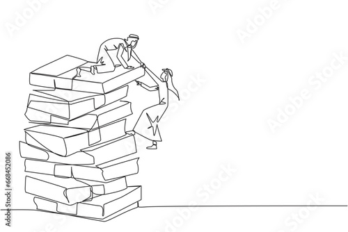 Single continuous line drawing Arabian businessman helps colleague climb a large pile of banknotes. Contagious success. Share tips for success. Teamwork bonus. One line design vector illustration