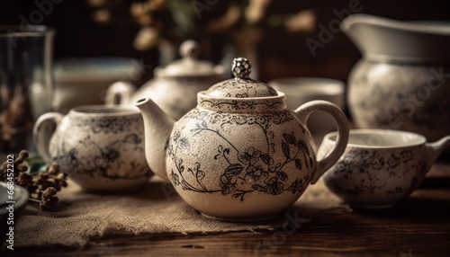 Antique earthenware teapot on rustic wood table with ornate decoration generated by AI