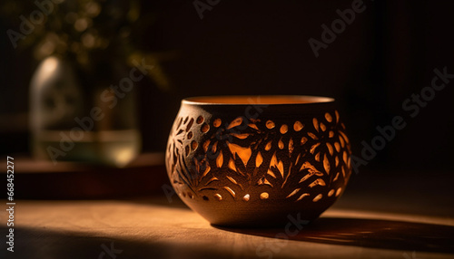 Rustic bowl illuminated by candlelight, an antique souvenir from Christianity generated by AI