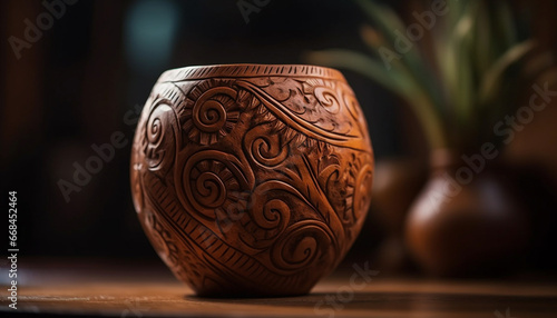 Earthenware vase with ornate pattern, rustic charm for home decoration generated by AI