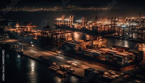 Global cargo industry delivers steel to waterfront cityscape at dusk generated by AI © Stockgiu