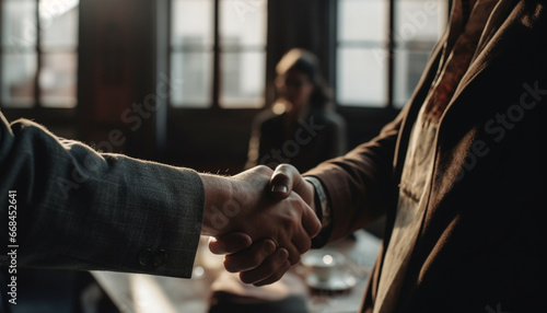 Successful business team congratulating on agreement, shaking hands confidently generated by AI