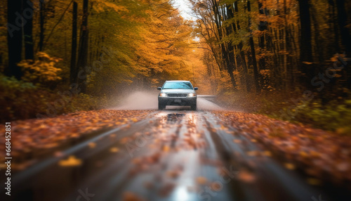 Driving on a wet, slippery asphalt road in autumn generated by AI