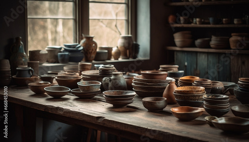 Indigenous pottery collection showcases rustic clay craft in old fashioned workshop generated by AI