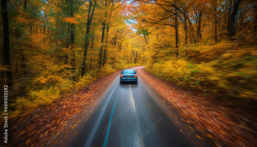 Fototapeta premium Driving on winding country road, blurred motion, vibrant autumn colors generated by AI