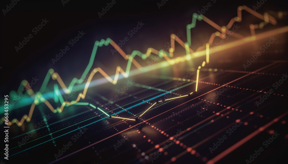 Finance success: Analyzing data with glowing abstract computer graphic backdrop generated by AI