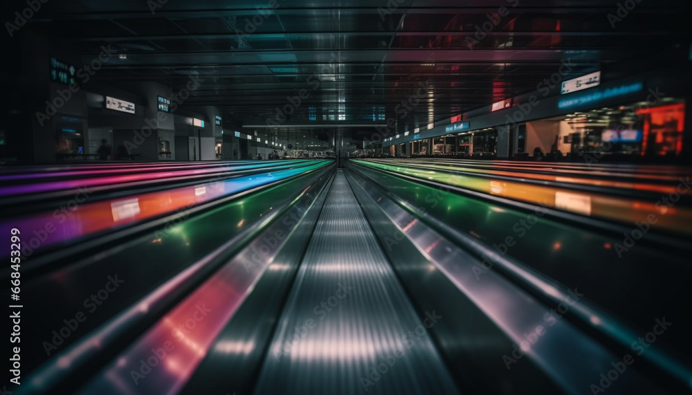 Moving walkway speeds commuters through futuristic subway station at night generated by AI Moving walkway speeds commuters through futuristic subway station at night generated by AI