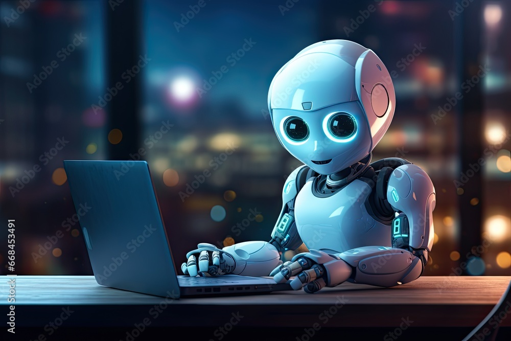 Futuristic robot typing and learning with laptop, chat bot. Generative AI Futuristic robot typing and learning with laptop, chat bot. Generative AI