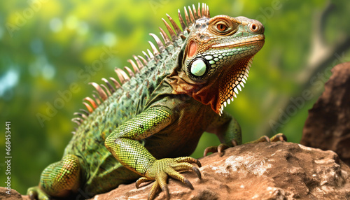 A green iguana crawls on a branch in the tropical forest generated by AI