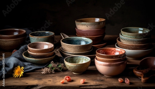 Earthenware pottery collection: rustic bowls, jars, vases, and crockery generated by AI