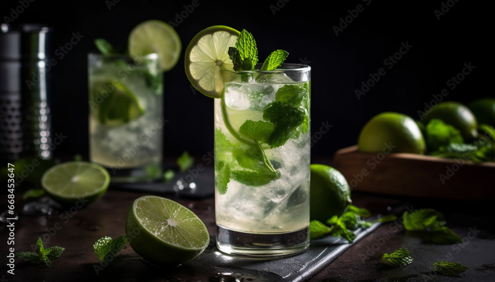 Fresh mojito cocktail with ice, citrus fruit, and mint leaf generated by AI Fresh mojito cocktail with ice, citrus fruit, and mint leaf generated by AI