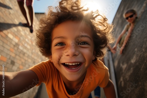 portrait of a child looking at camera and smiling. Low angle photo