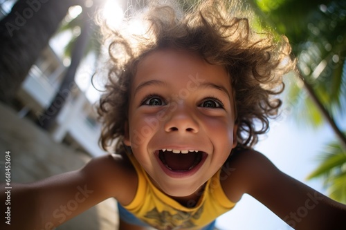 portrait of a child looking at camera and smiling. Low angle