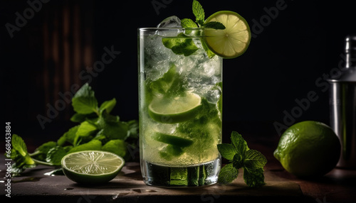 Refreshing mojito with citrus fruit, mint, and soda on wood generated by AI