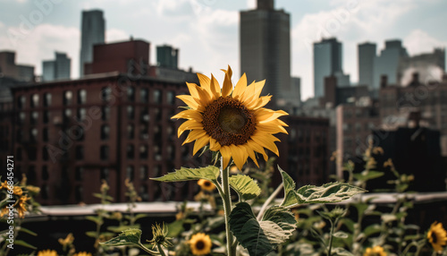 Sunflower in meadow, city skyline, nature beauty in urban architecture generated by AI