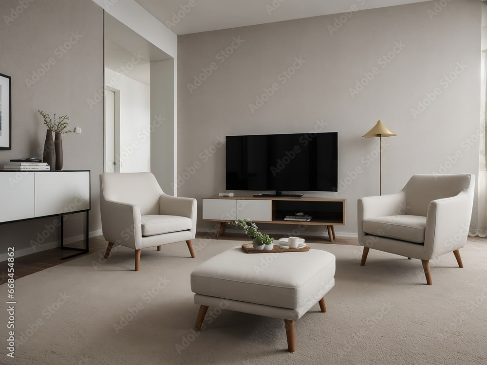 Fototapeta premium Minimal living room interior design with white sofa and carpet, Mockup interior design concept