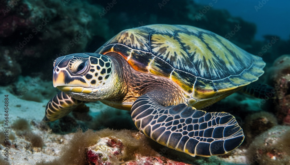 Underwater turtle swimming in blue sea, surrounded by colorful fish generated by AI Underwater turtle swimming in blue sea, surrounded by colorful fish generated by AI