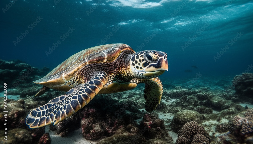Underwater turtle swimming in tranquil blue sea, surrounded by coral generated by AI