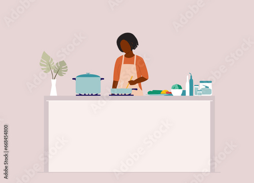 One Black Woman With Apron Standing At Kitchen Stirring While Cooking Food In Frying Pan. Half Length. Flat Design.
