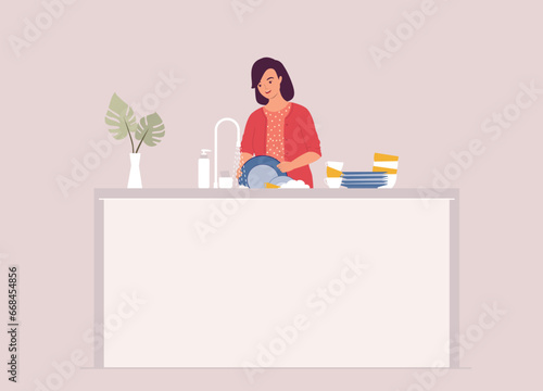 One Smiling Woman Standing At Kitchen Sink Washing Dishes Under Running Water. Half Length.