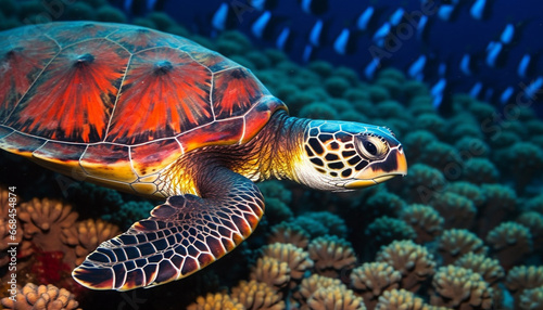 Turtle swimming in blue sea, surrounded by colorful reef generated by AI