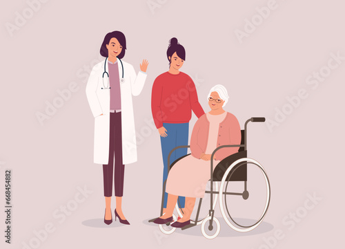 Friendly Female Doctor In Lab Coat And Stethoscope Waving Hello To The Senior Woman In Wheelchair And Her Teenage Granddaughter. Full Length.