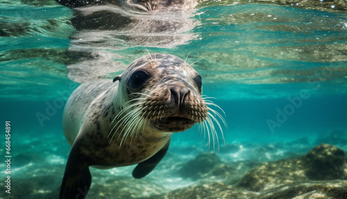 Cute sea lion swimming underwater, exploring tropical reef generated by AI