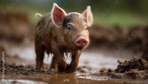 Cute piglet on a farm, looking at the camera generated by AI