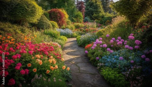 The vibrant colors of nature blossom in the formal garden generated by AI