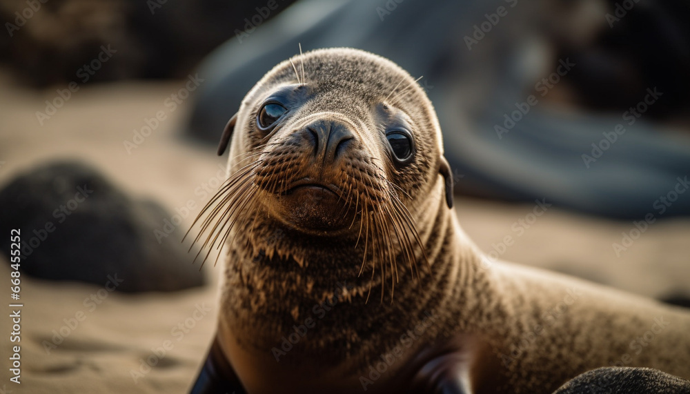 Fototapeta premium Cute seal pup resting on sandy arctic coastline, looking at camera generated by AI