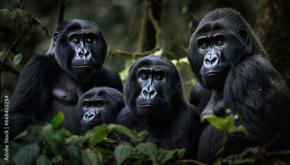 Fototapeta premium Endangered primate in African rainforest Western Lowland Gorilla staring fiercely generated by AI