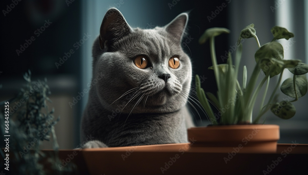 Cute kitten sitting by window, staring at flower pot generated by AI
