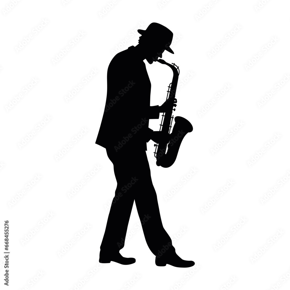 Man with saxophone silhouette, jazz musician, silhouette of saxophonist - obrazy, fototapety, plakaty 