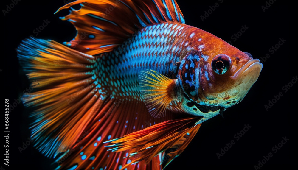 Vibrant fish swimming in blue water, showcasing nature beauty generated by AI