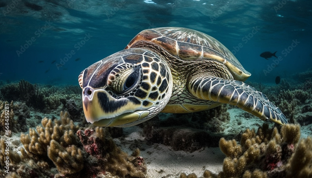 Fototapeta premium Underwater adventure Swimming with sea turtles in tropical reefs generated by AI