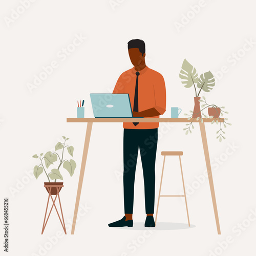 One Black Businessman With Laptop Standing While Working At Desk. Full Length. Flat Design.