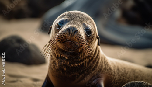 Cute seal pup resting on sandy arctic coastline, looking at camera generated by AI © Jemastock
