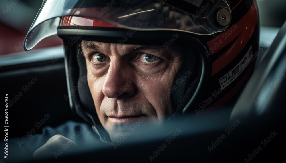Caucasian adult male driving with sports helmet, looking confident and focused generated by AI Caucasian adult male driving with sports helmet, looking confident and focused generated by AI